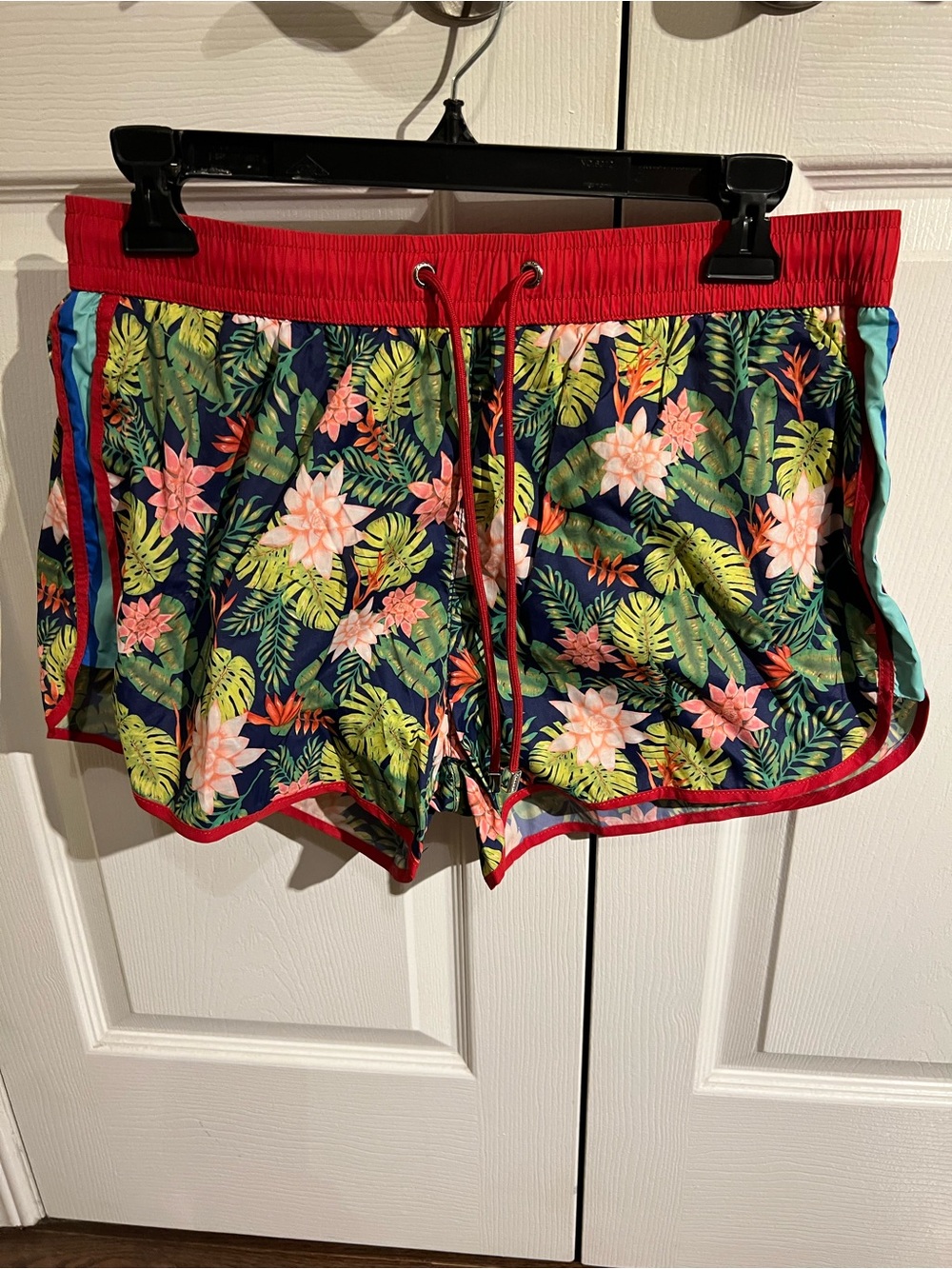 Zara Navy Tropical Floral Swim Trunks with Red Trim